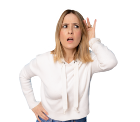 Woman over transparent background listening to something by putting hand on the ear. PNG