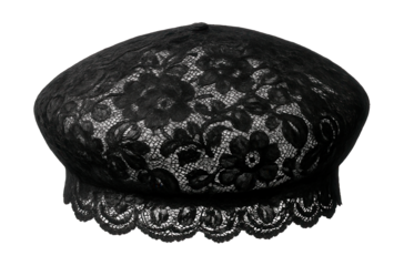 Black lace beret featuring scalloped edges for an elegant touch.