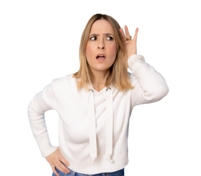 Woman over transparent background listening to something by putting hand on the ear. PNG - Powered by Adobe