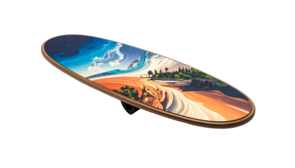 Surfboard art sky, ocean, desert, trees meet on wood