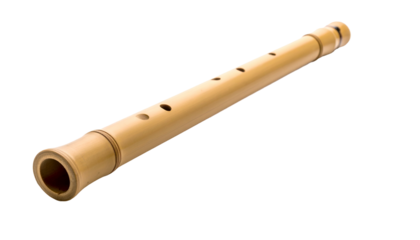 Bamboo flute, cylindrical with finger holes, lies diagonally