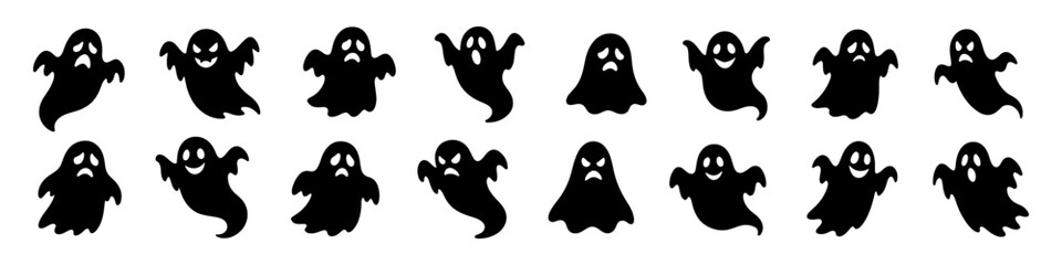 Cute cartoon ghost icons set. Adorable spirits with various facial expressions, playful and spooky character collection. © drawing lines