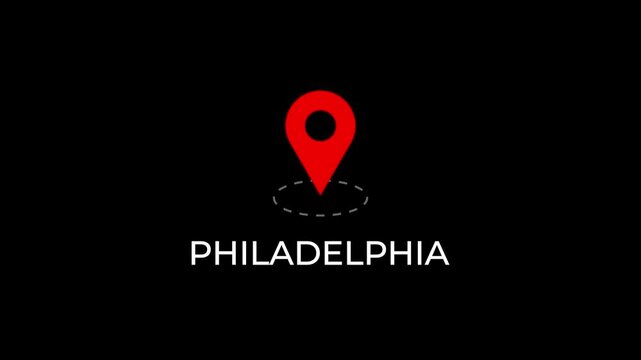 red location pin bounce animation with rotating dotted ellipse and city name of philadelphia.