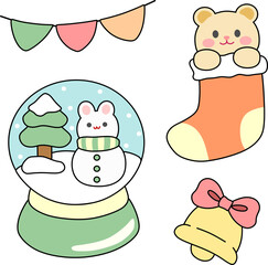 ​Adorable Kawaii Snow Globe, Stocking and Bell Holiday Clipart 