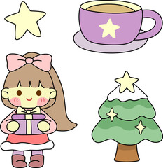Kawaii Christmas Sticker Clipart – Child, Present, Mug, and Star 