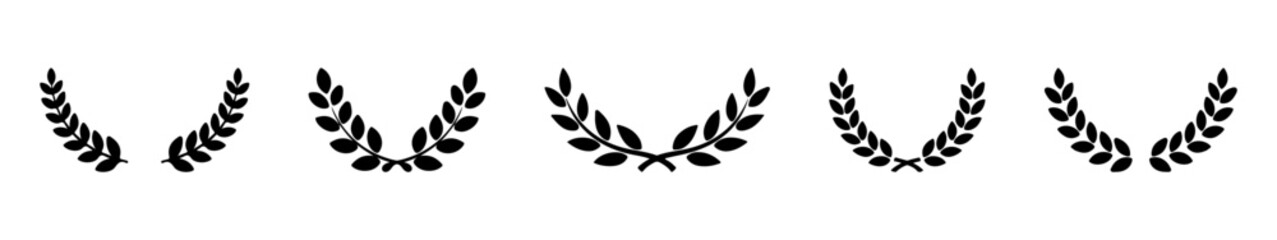Greek laurel icons set. Circular foliage branches and wreath silhouettes, trophy crests, Greek olive branch awards, and winner round emblems. © drawing lines
