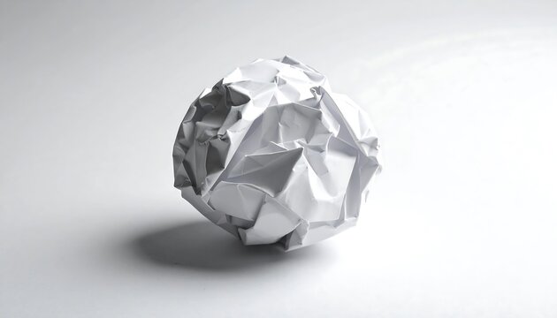 A single, crumpled ball of bright white paper sits on a pale grey background. It is lit with a soft, natural light, displaying shadows