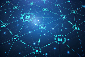 Digital network security with glowing padlock icons and connections