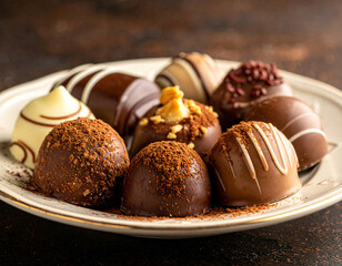 Indulge in gourmet chocolate truffles on a vintage plate, the perfect sweet treat for gifts, desserts, or decadent celebrations