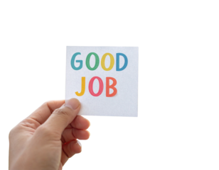 Encouraging Hand Holding Paper with “Good Job” Text – Inspirational Sky Background