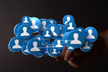 Modern 3D network shows connections between profiles. Perfect for business, social media, and organizational structure visualizations.