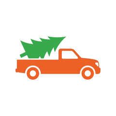 Illustration festive orange pickup truck carrying green christmas tree seasonal holiday transport vector