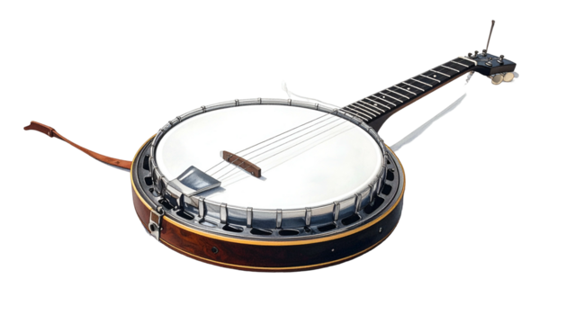 Detailed banjo image showing strings, body, and neck