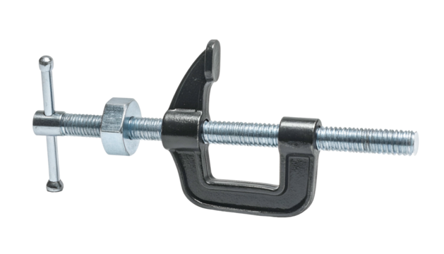 Close-up of black metal C-clamp with threaded screw