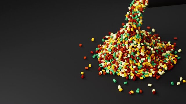 Colorful plastic polypropylene granules pouring from cup on a pile of granules, masterbatch polymer grain on black backdrop. HDPE or PVC resin pellets. 3d render animation