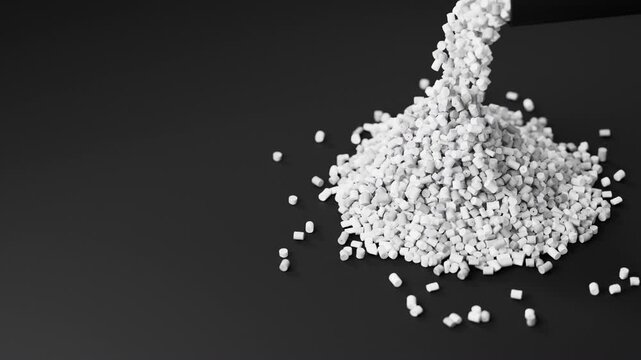 White plastic polypropylene granules pouring from cup on a pile of granules, masterbatch polymer grain on black backdrop. HDPE or PVC resin pellets. 3d render animation