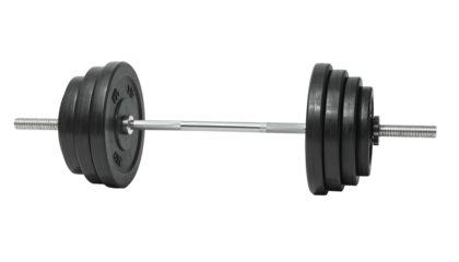 Stacked barbell weights, centered, on black background