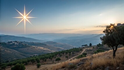 a Christmas star shines at night over the mountains of Bethlehem. 