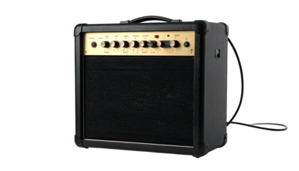Guitar amplifier with black vinyl, gold face, and front panel