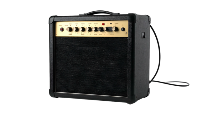 Guitar amplifier with black vinyl, gold face, and front panel