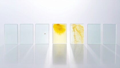 Arrangement of transparent glass slides with a yellow substance