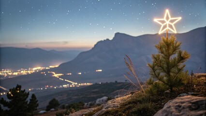 a Christmas star shines at night over the mountains of Bethlehem. 