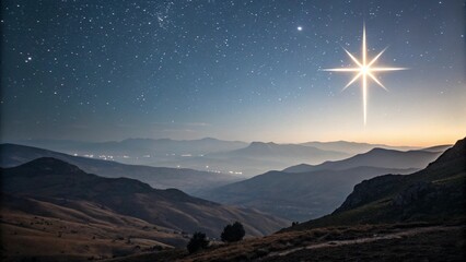 a Christmas star shines at night over the mountains of Bethlehem. 