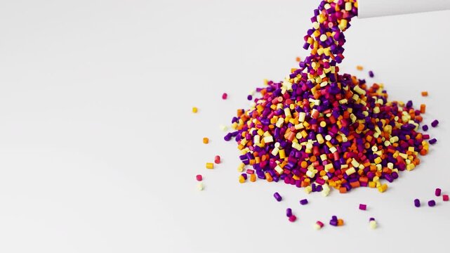 Colorful plastic polypropylene granules pouring from cup on a pile of granules, masterbatch polymer grain on white backdrop. HDPE or PVC resin pellets. 3d render animation