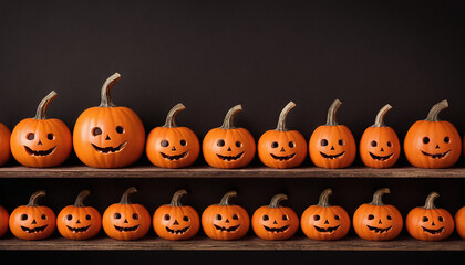 Due file di Jack-o'-lantern arancioni di diverse dimensioni, tutte sorridenti e allineate su mensole di legno con sfondo scuro.