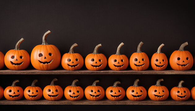 Due file di Jack-o'-lantern arancioni di diverse dimensioni, tutte sorridenti e allineate su mensole di legno con sfondo scuro.