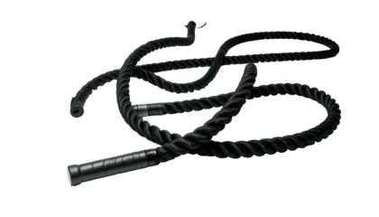 Coiled, black battle rope with textured handles on dark background