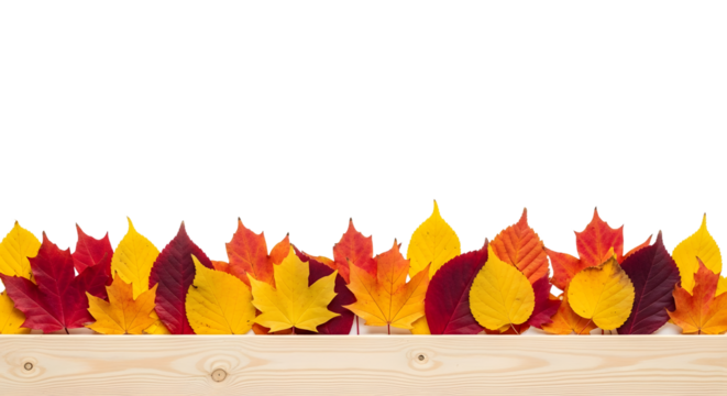 Vibrant Autumn Leaves Border a Wooden Plank, Capturing the Warmth and Beauty of the Fall Season on a Clean White Background - Powered by Adobe