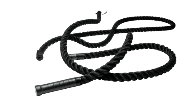 Coiled, black battle rope with textured handles on dark background