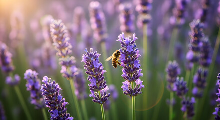 Close up of a bee on lavender flowers in a field with soft focus background and bright sunlight effect