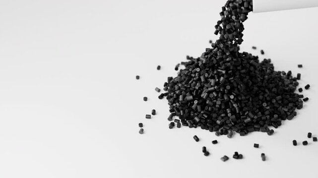 Black plastic polypropylene granules pouring from cup on a pile of granules, masterbatch polymer grain on white backdrop. HDPE or PVC resin pellets. 3d render animation
