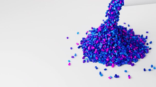 Bluish plastic polypropylene granules pouring from cup on a pile of granules, masterbatch polymer grain on white backdrop. HDPE or PVC resin pellets. 3d render animation