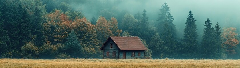 Obraz premium Serene autumn cabin retreat misty forest landscape photography tranquil environment wide view peaceful atmosphere