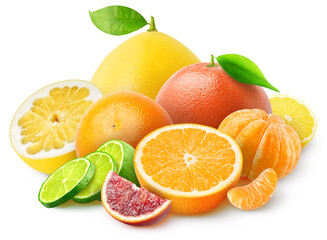 Pile of citrus fruits. Lime, lemon, grapefruit, orange, tangerine, blood orange isolated on white background