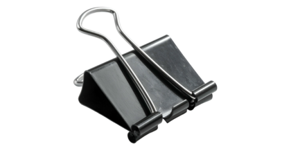 Black binder clip isolated against a solid black background