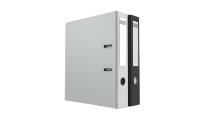 Standing gray office file binder with silver clasps and dark spine