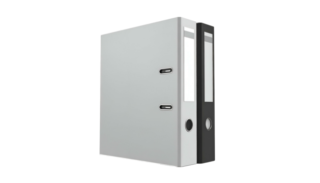 Standing gray office file binder with silver clasps and dark spine