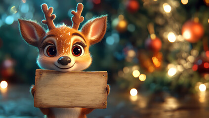 Cute cartoon reindeer holding a blank christmas card in front of a blurred christmas tree with colorful lights