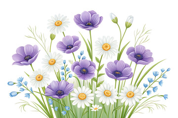 Beautiful bouquet of purple poppies and white daisies with green foliage