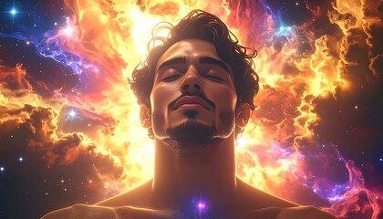 A serene man with eyes closed, centered amidst swirling cosmic energy, a nebula glowing behind him