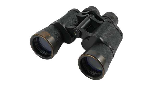 Black binoculars with leather-like texture, on a dark background