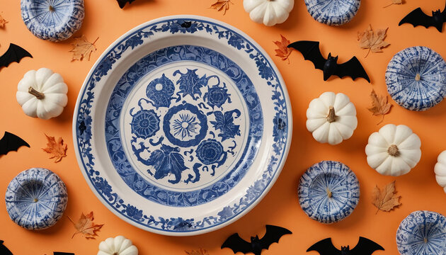 Piatto in ceramica bianco e blu con motivo floreale circondato da mini-zucche bianche e blu, pipistrelli neri e foglie secche su sfondo arancione, a tema Halloween.