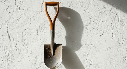 Used Garden Shovel Leaning Against White Textured Wall in Sunlight
A well-used, short-handled garden shovel with remnants of dried soil on its metal blade is leaning vertically against a brightly lit