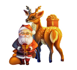 Festive Christmas illustration of Santa and reindeer with gifts. New Year print with cartoon winter characters with surprise boxes