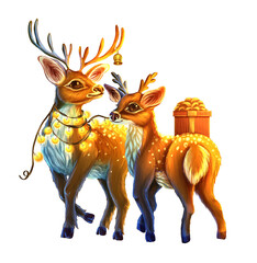 Festive Christmas illustration of two cartoon deer with lanterns and gifts. New Year winter print