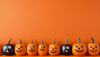 Una fila di Jack-o'-lantern giocattolo nere e arancioni, sorridenti e con faccine intagliate, disposte sul bordo inferiore di uno sfondo arancione brillante.